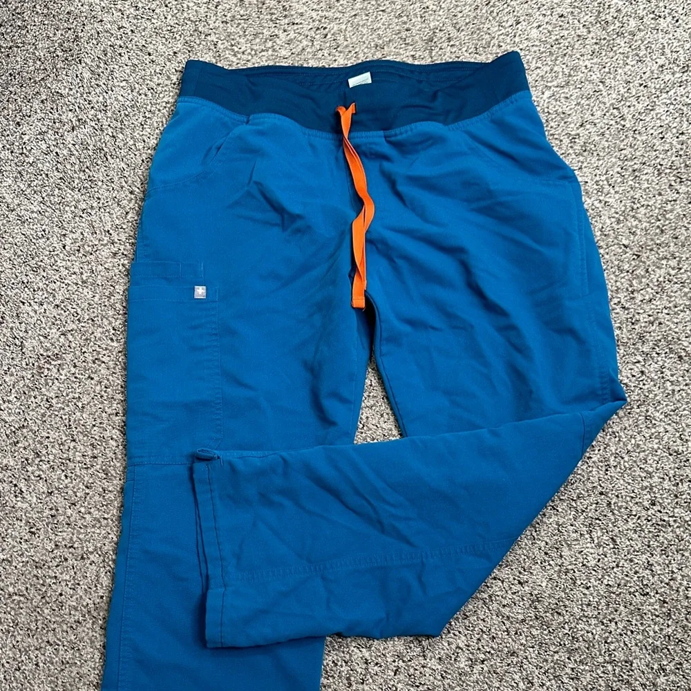 Figs teal Blue technical scrub Pants with Orange Drawstring size M